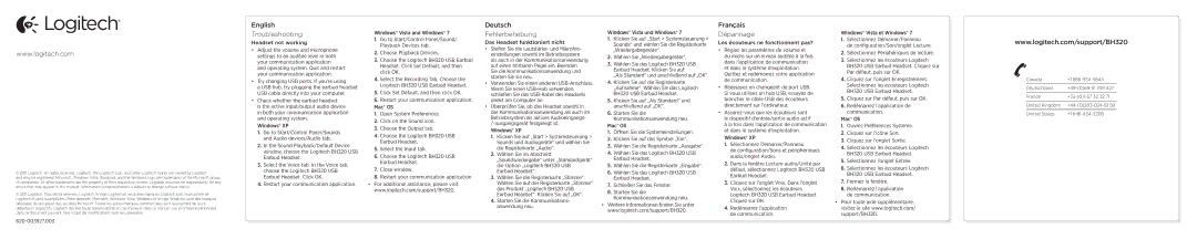 Logitech BH320 manual English Troubleshooting, Deutsch Fehlerbehebung, Français Dépannage 