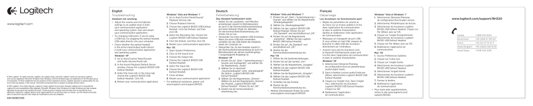 Logitech BH320 manual English Troubleshooting, Deutsch Fehlerbehebung, Français Dépannage 