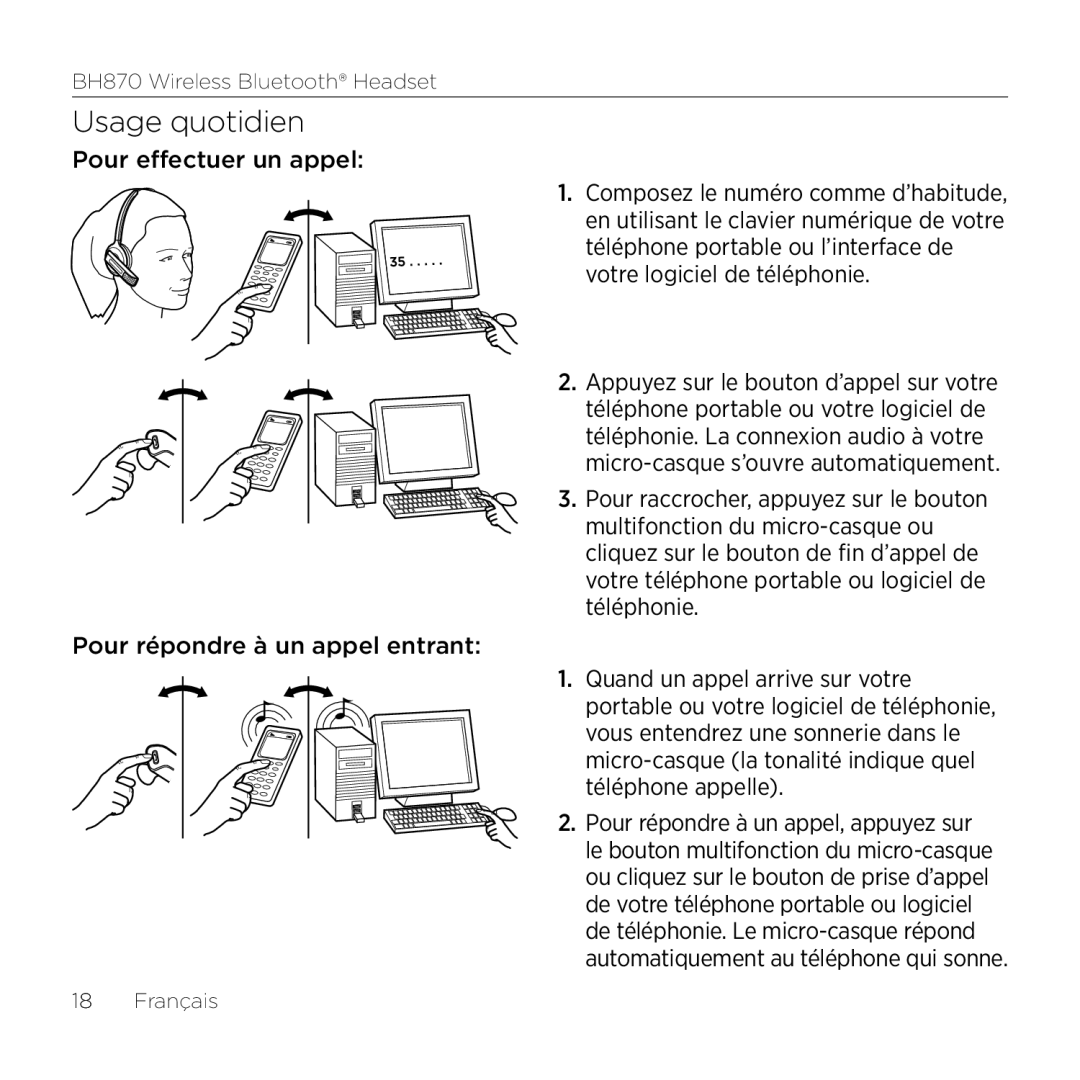 Logitech BH870 manual Usage quotidien, Pour effectuer un appel Pour répondre à un appel entrant 