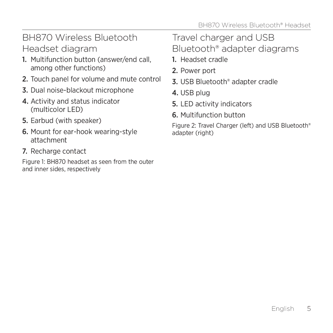 Logitech manual BH870 Wireless Bluetooth Headset diagram, Travel charger and USB Bluetooth adapter diagrams 