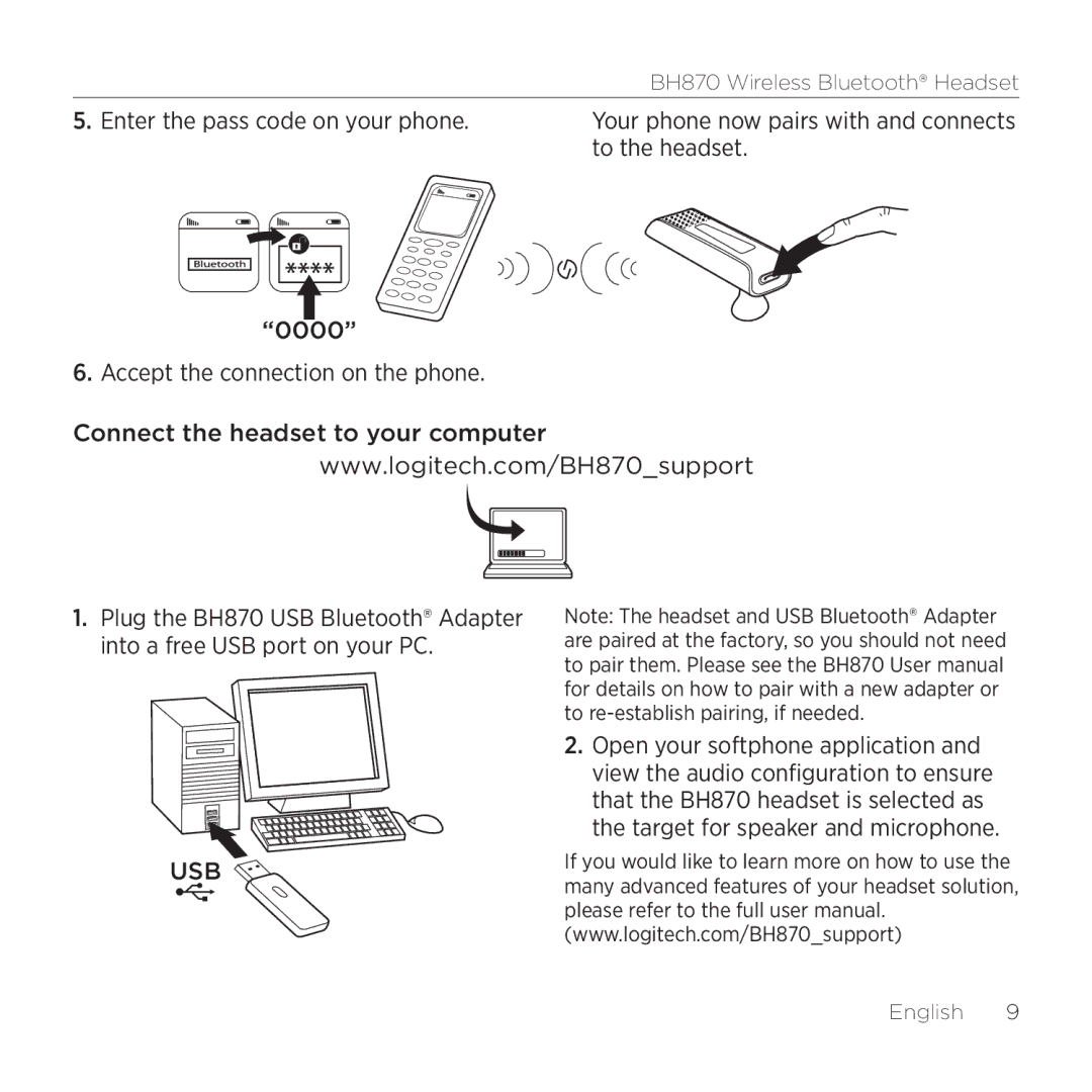 Logitech BH870 manual Enter the pass code on your phone, To the headset 