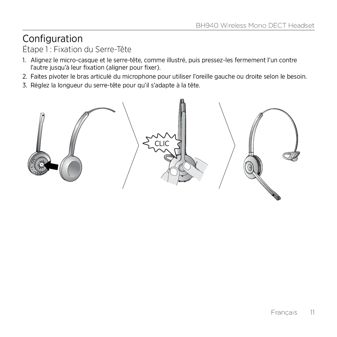 Logitech BH940 manual Configuration, Étape 1 Fixation du Serre-Tête 