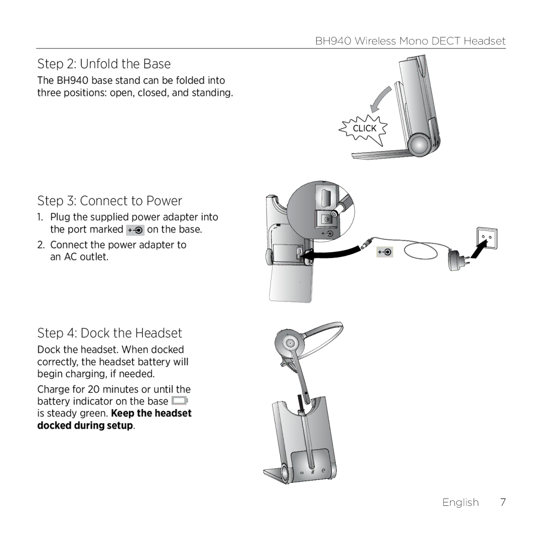 Logitech BH940 manual Unfold the Base, Connect to Power, Dock the Headset 