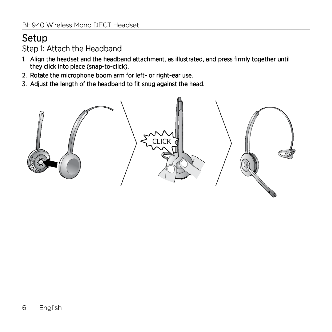 Logitech BH940 manual Setup, Attach the Headband, Click 