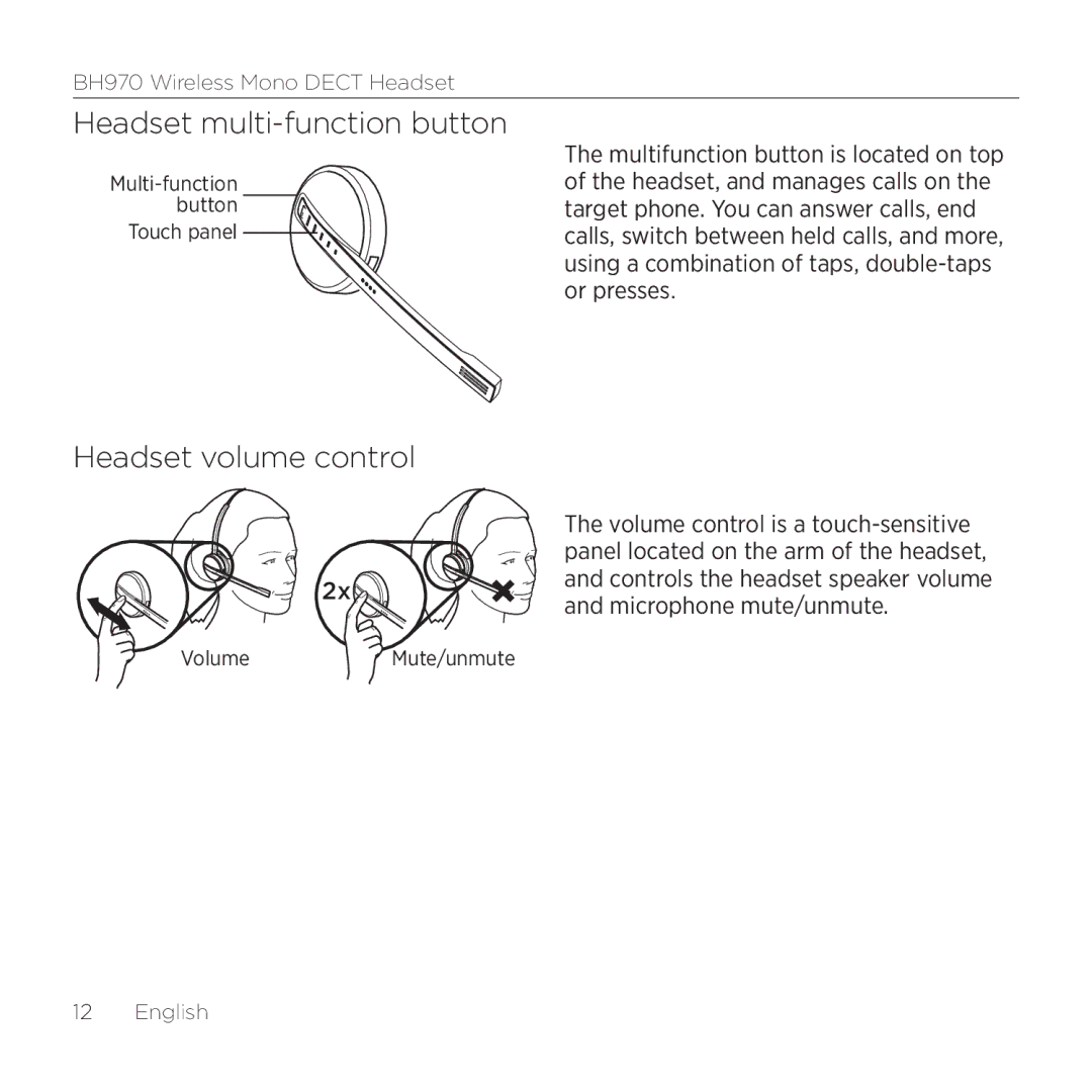 Logitech BH970 manual Headset multi-function button, Headset volume control 