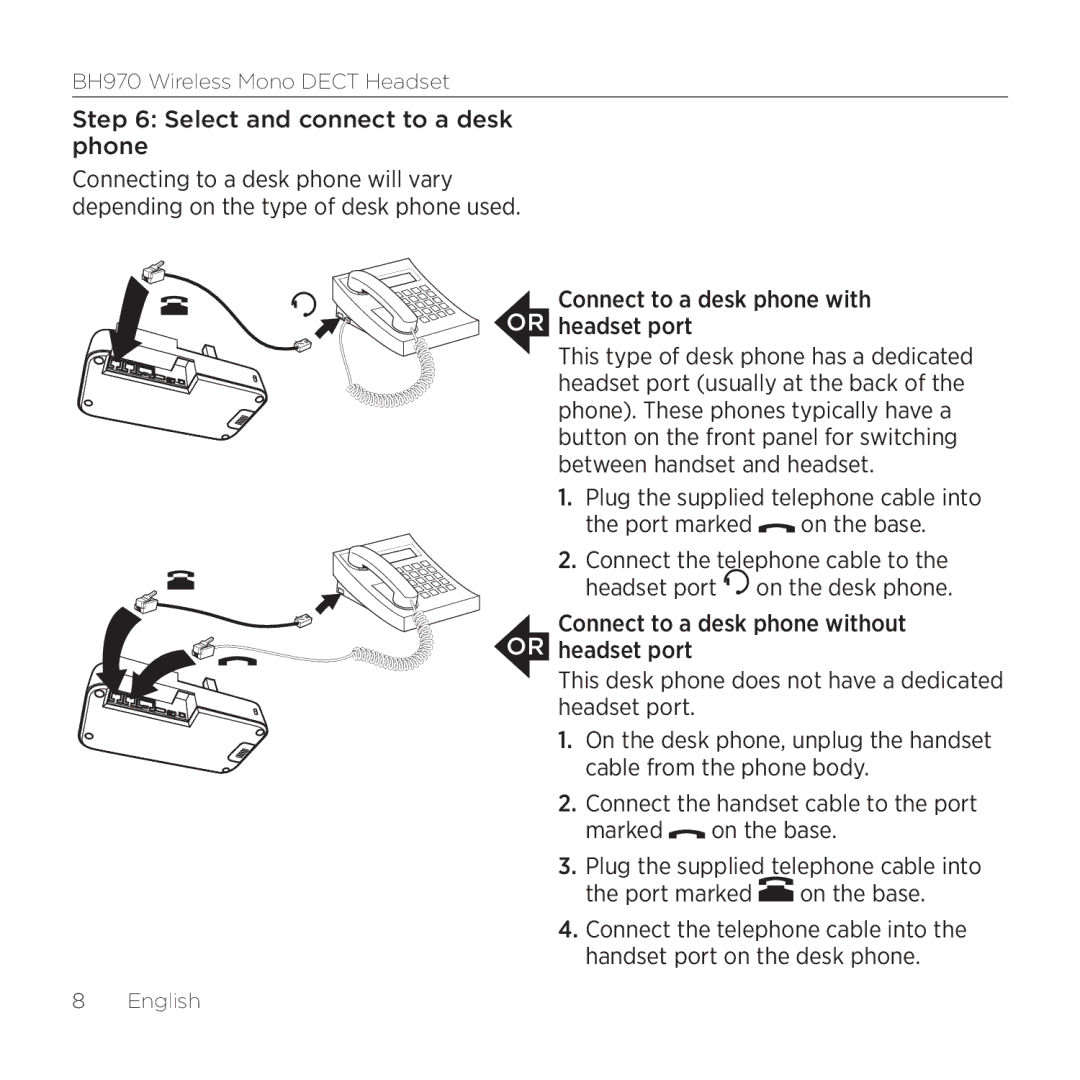 Logitech BH970 manual Select and connect to a desk phone, Connect to a desk phone with headset port 