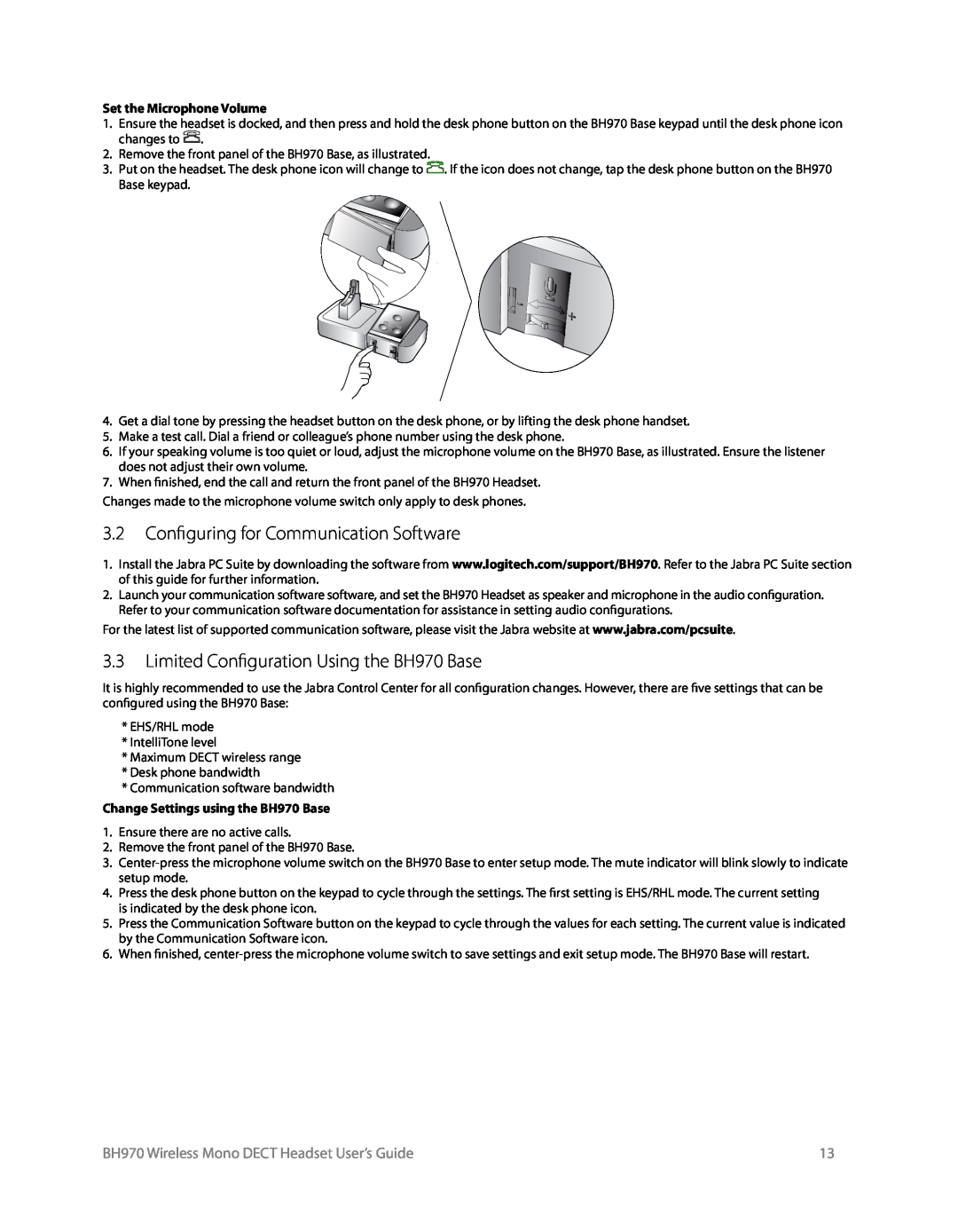 Logitech manual 3.2Configuring for Communication Software, Limited Configuration Using the BH970 Base 