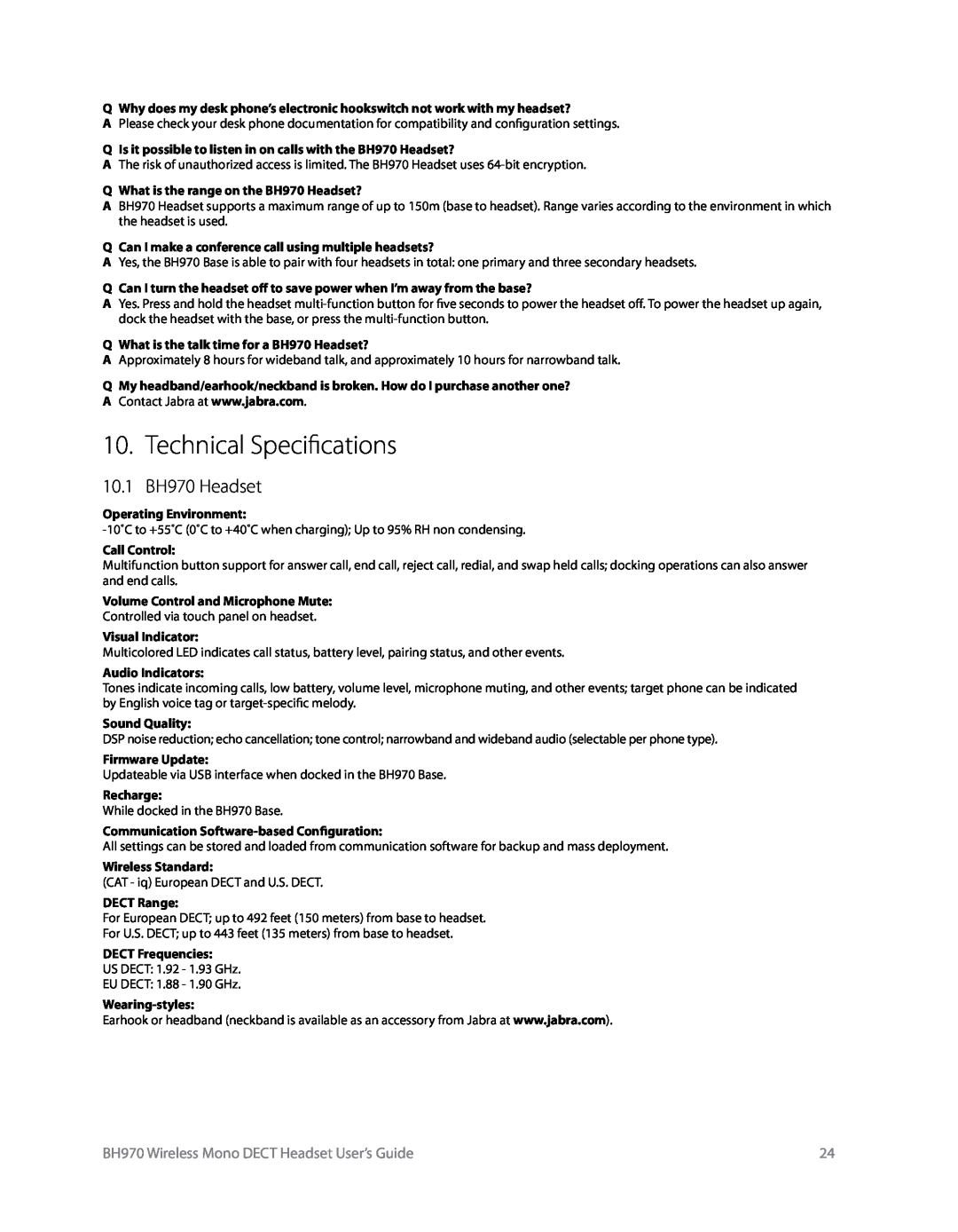 Logitech manual Technical Specifications, 10.1 BH970 Headset, BH970 Wireless Mono DECT Headset User’s Guide 