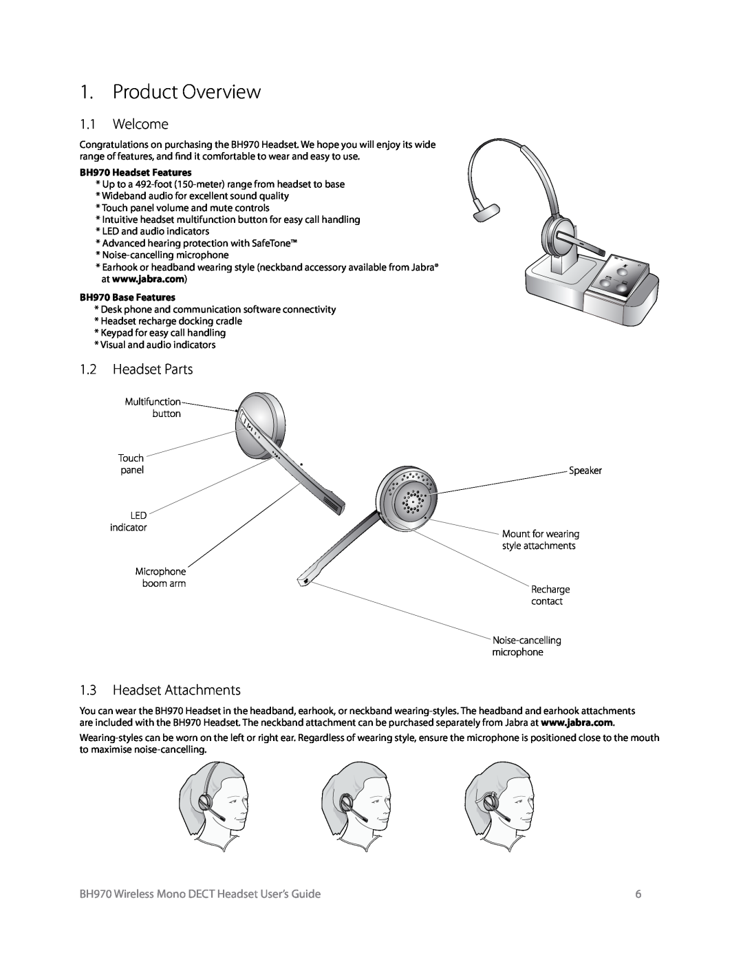 Logitech BH970 manual Product Overview, 1.1Welcome, 1.2Headset Parts 1.3Headset Attachments 