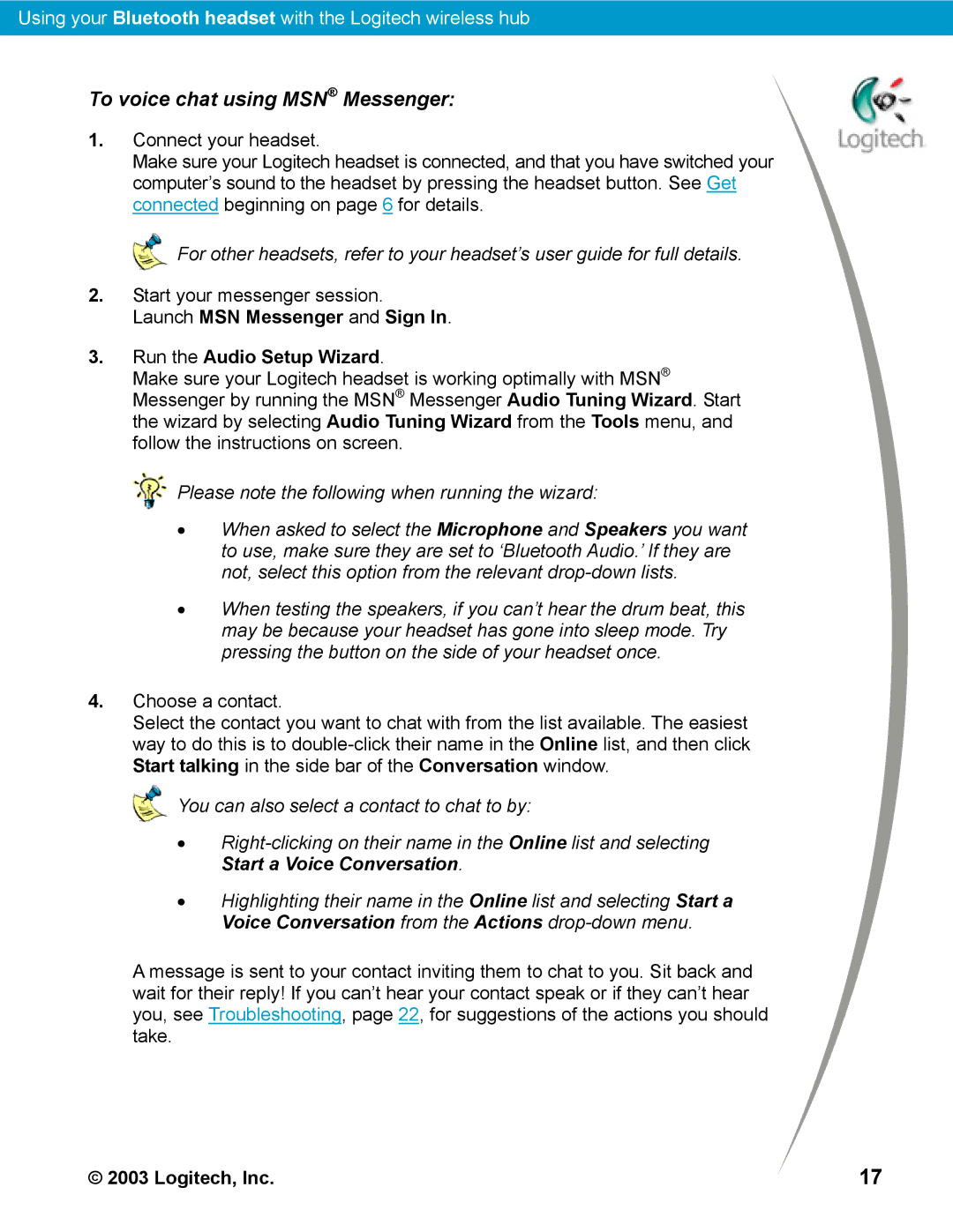 Logitech Bluetooth manual To voice chat using MSN Messenger, Run the Audio Setup Wizard 