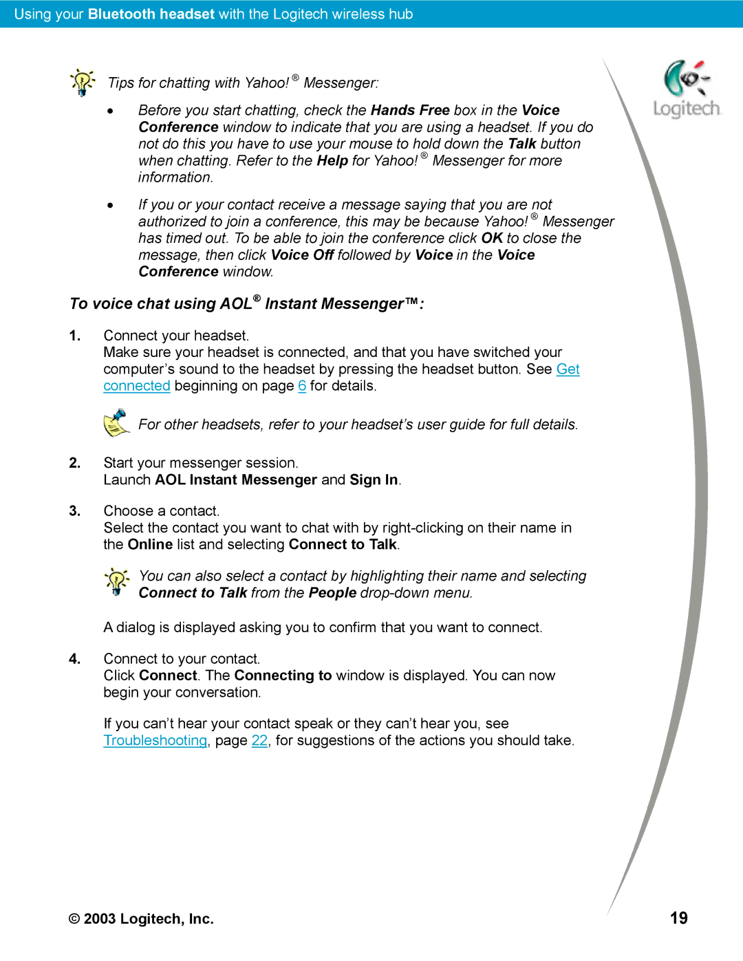 Logitech Bluetooth manual To voice chat using AOL Instant Messenger, Launch AOL Instant Messenger and Sign 