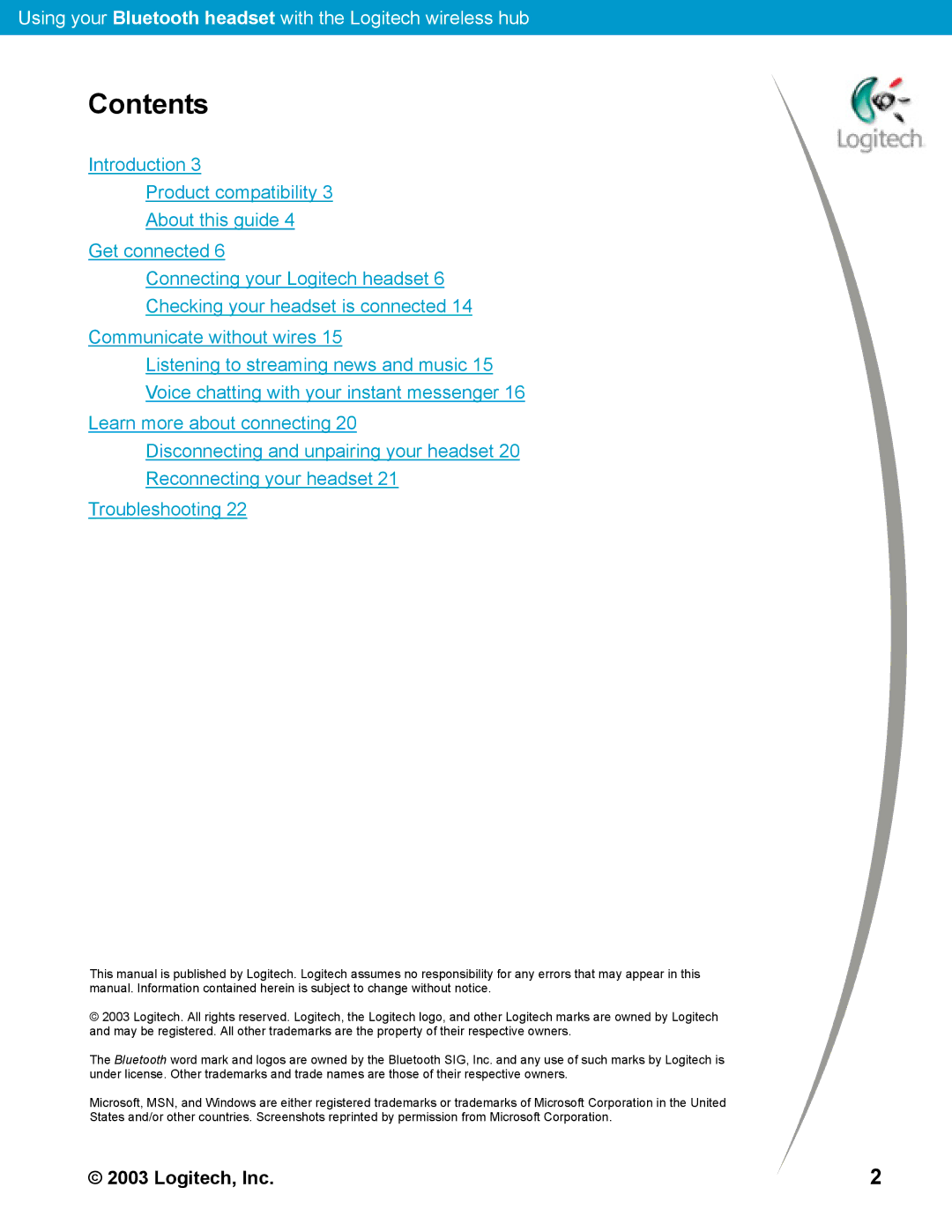 Logitech Bluetooth manual Contents 