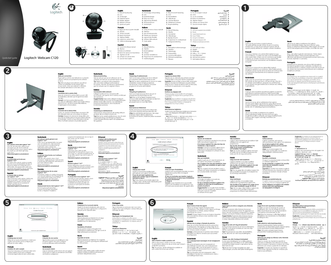 Logitech C120 quick start English Nederlands Dansk Português, Français Italiano Norsk Ελληνικά, Español Norsk, IItaliano 