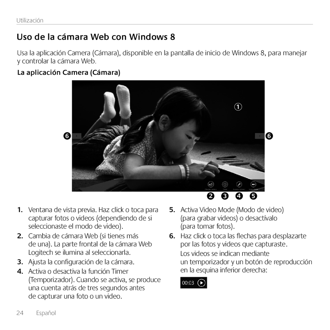 Logitech C170 manual Uso de la cámara Web con Windows, La aplicación Camera Cámara, Cambia de cámara Web si tienes más 