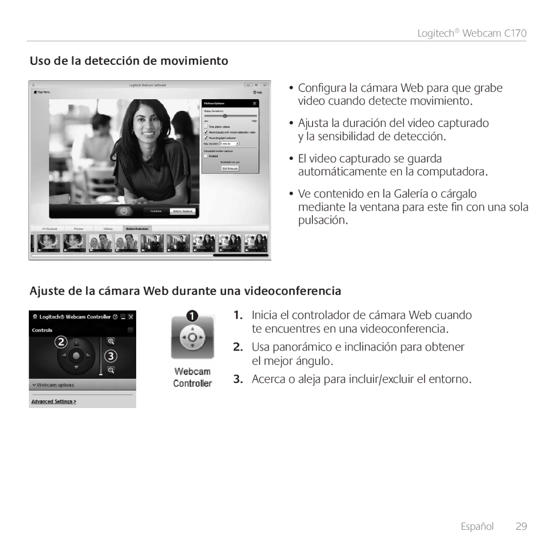 Logitech C170 manual Uso de la detección de movimiento, Ajuste de la cámara Web durante una videoconferencia 