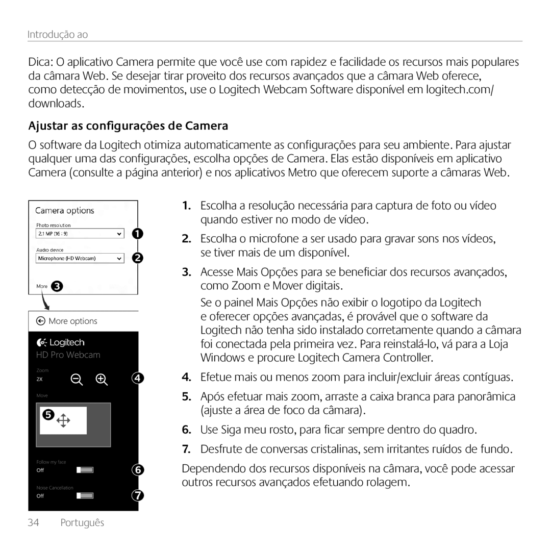 Logitech C170 manual Ajustar as configurações de Camera, Como Zoom e Mover digitais 