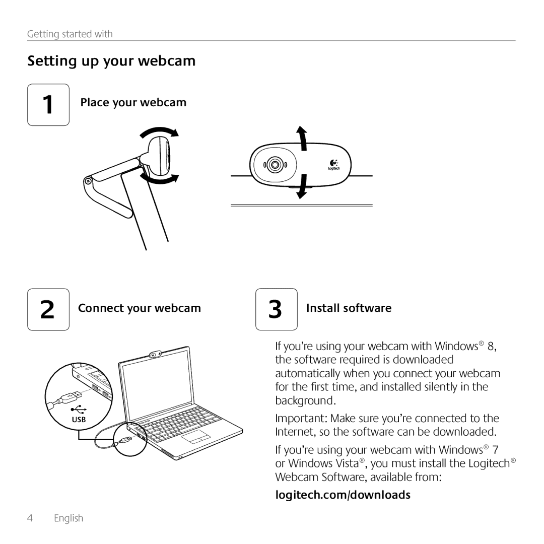 Logitech C170 manual Setting up your webcam, Place your webcam Connect your webcam, Install software 