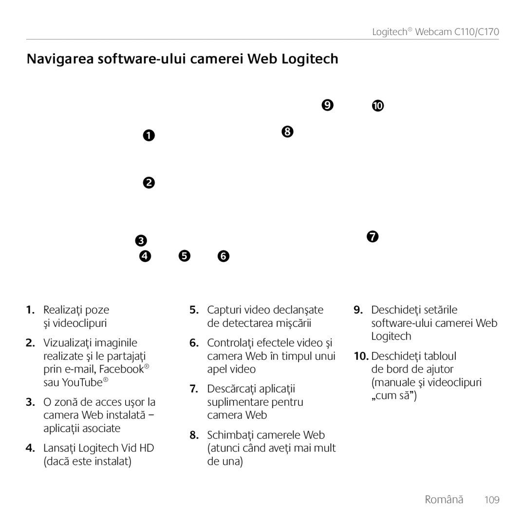 Logitech C170 manual Navigarea software-ului camerei Web Logitech 