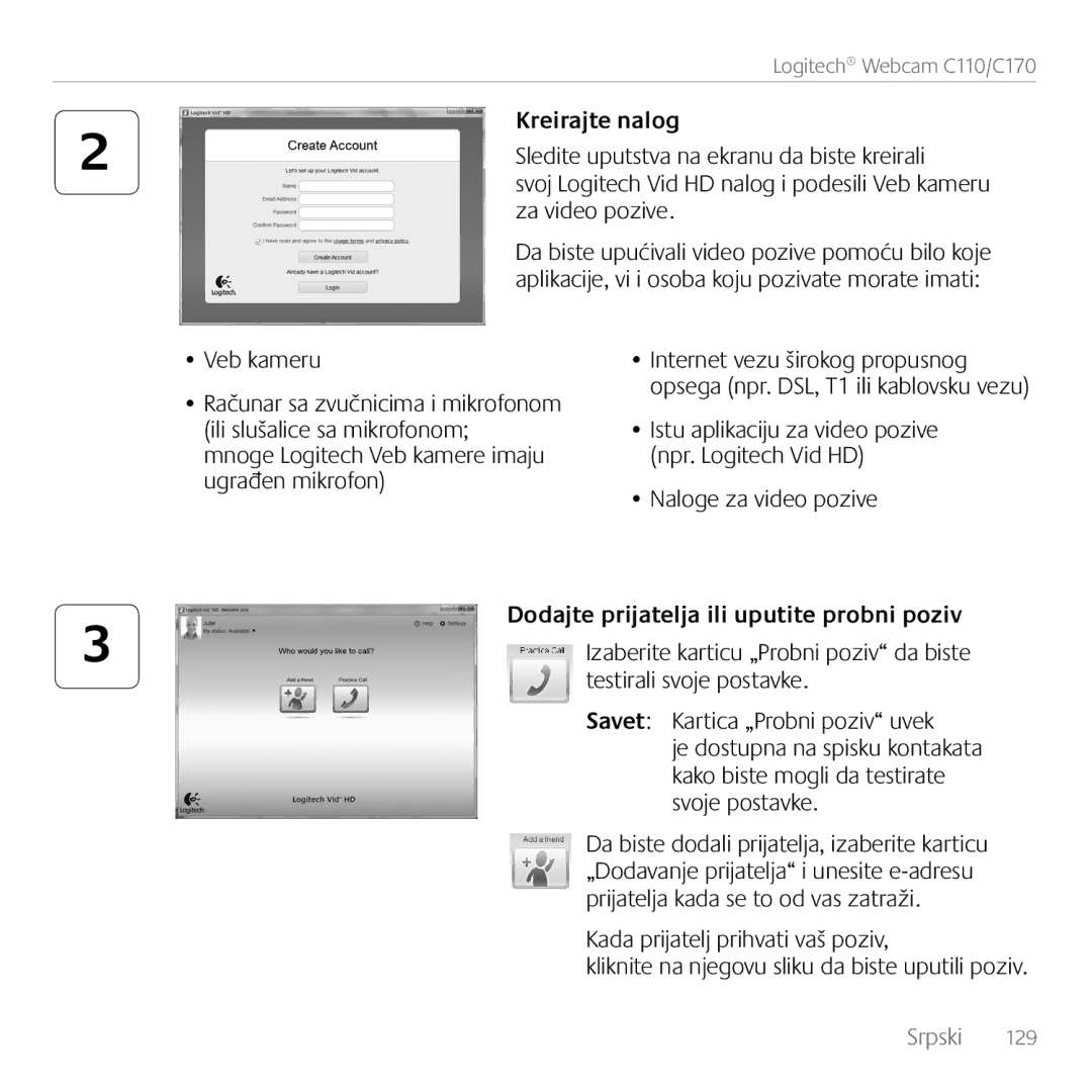 Logitech C170 manual Dodajte prijatelja ili uputite probni poziv 