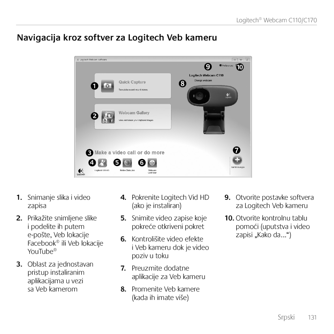 Logitech C170 manual Navigacija kroz softver za Logitech Veb kameru, Snimanje slika i video zapisa 