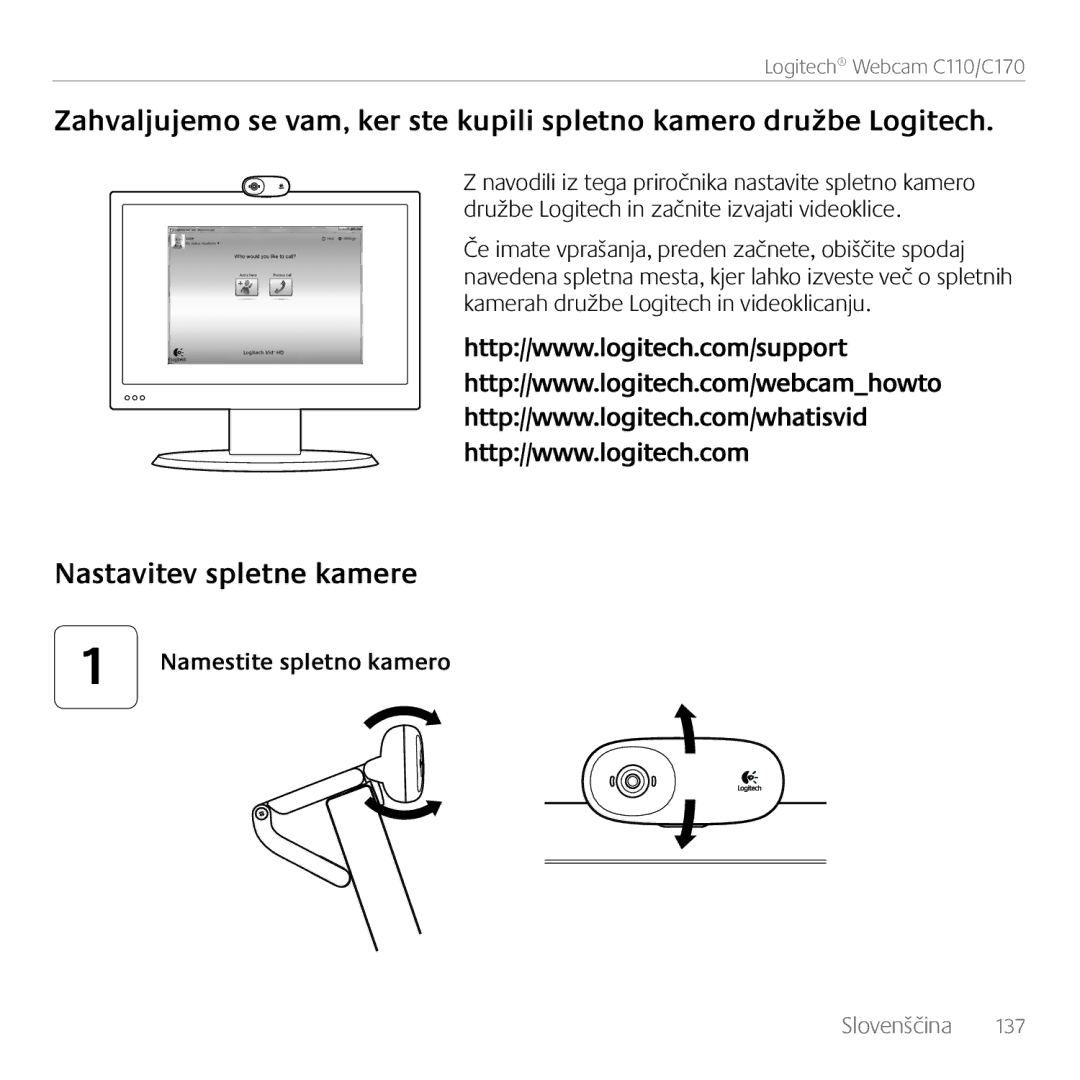 Logitech C170 manual Nastavitev spletne kamere, Namestite spletno kamero 