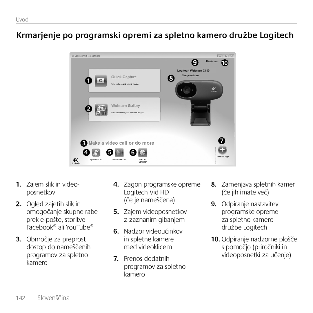 Logitech C170 manual Zajem slik in video- posnetkov, Spletne kamere, Med videoklicem Pomočjo priročniki Prenos dodatnih 