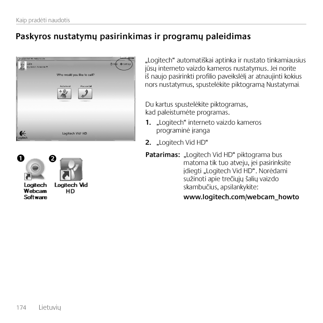 Logitech C170 manual Paskyros nustatymų pasirinkimas ir programų paleidimas 