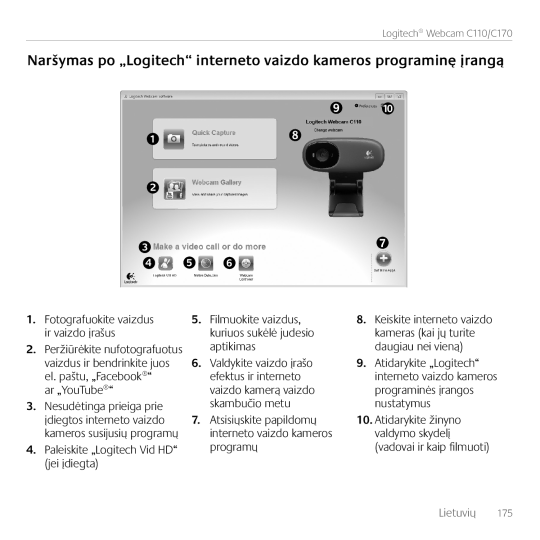 Logitech C170 manual Fotografuokite vaizdus Filmuokite vaizdus, Valdymo skydelį, Programų, Jei įdiegta 