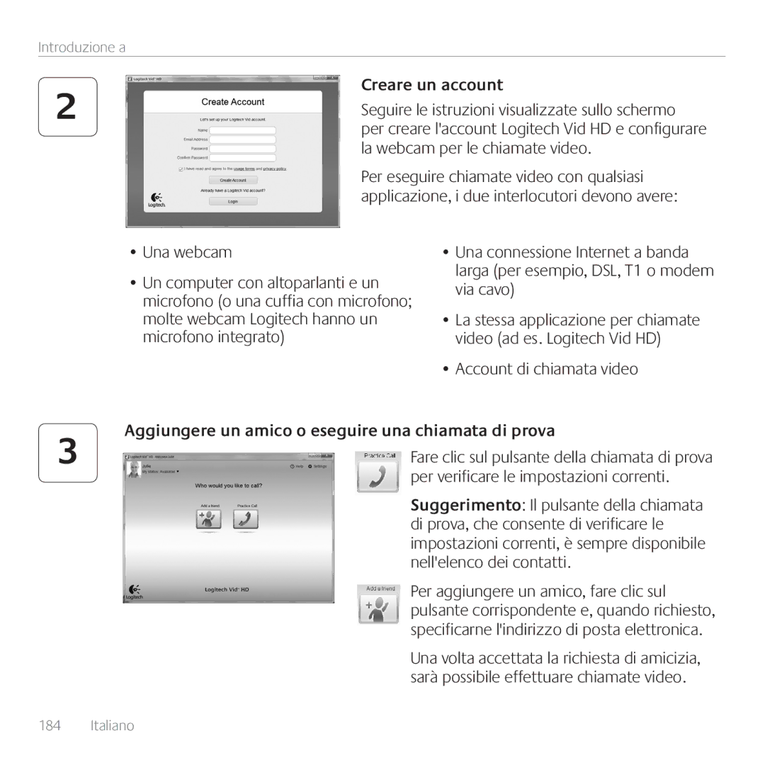 Logitech C170 manual Creare un account, Account di chiamata video, Aggiungere un amico o eseguire una chiamata di prova 