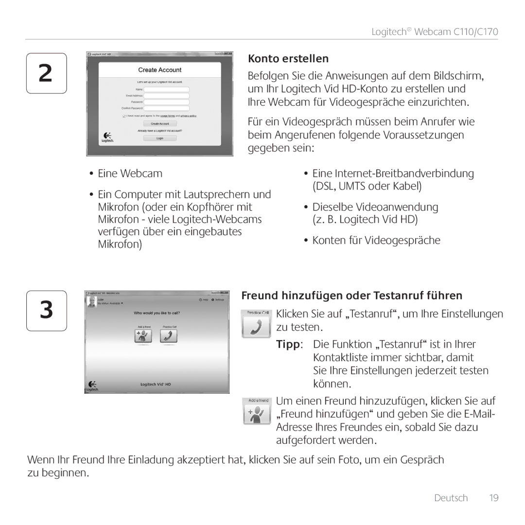 Logitech C170 manual Konto erstellen, Freund hinzufügen oder Testanruf führen 