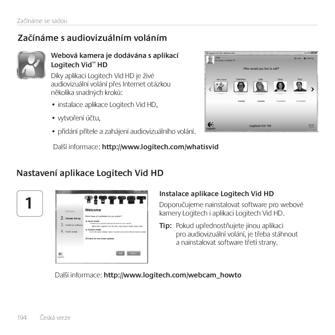 Logitech C170 Začínáme s audiovizuálním voláním, Nastavení aplikace Logitech Vid HD, Instalace aplikace Logitech Vid HD 