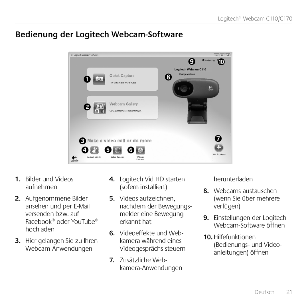 Logitech C170 manual Bedienung der Logitech Webcam-Software, Herunterladen 