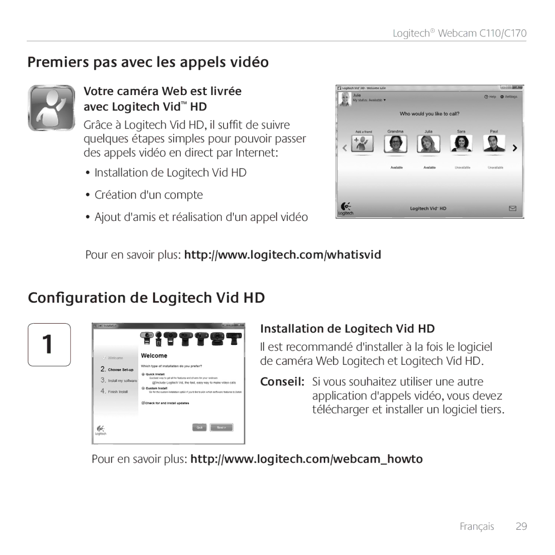 Logitech C170 manual Premiers pas avec les appels vidéo, Configuration de Logitech Vid HD, Installation de Logitech Vid HD 