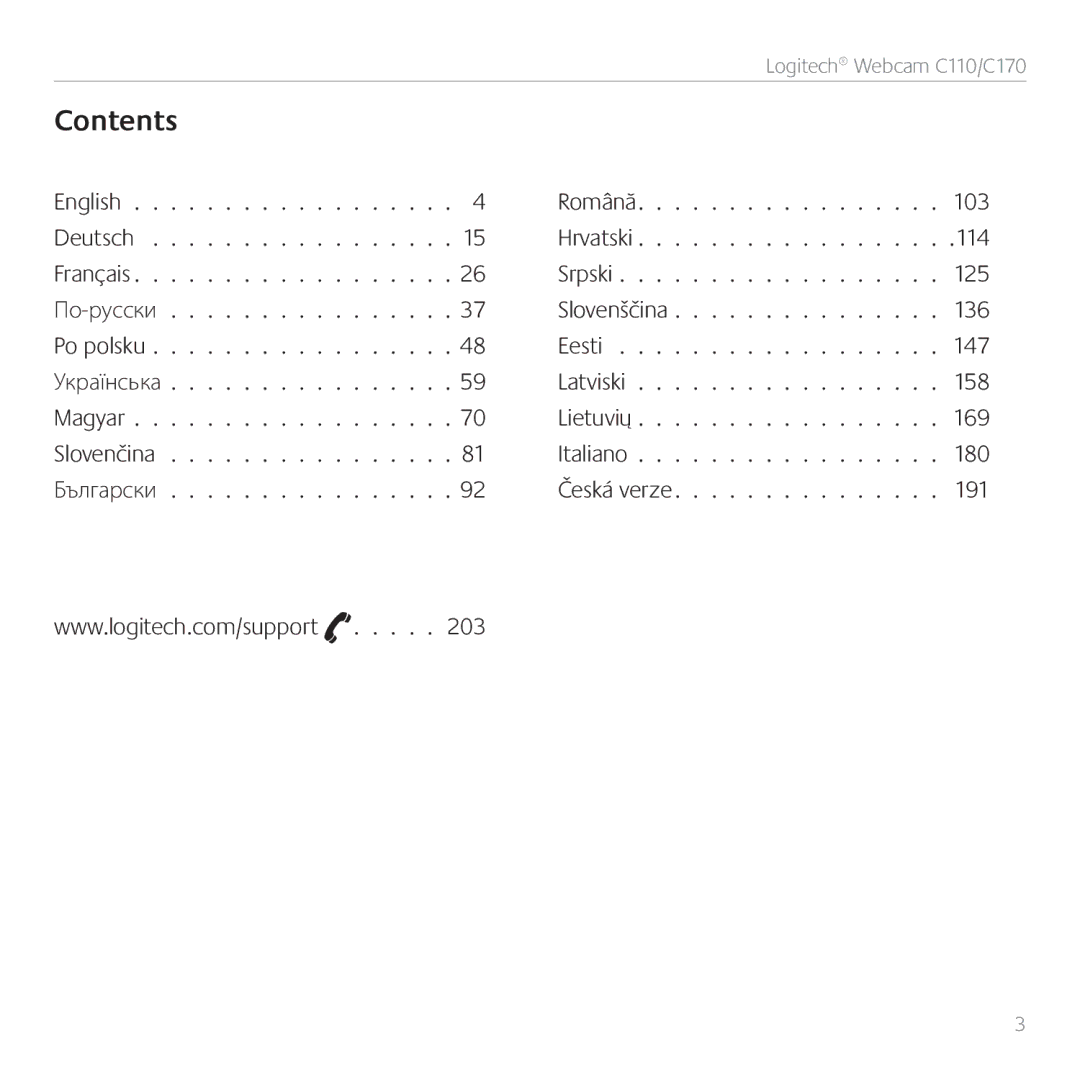 Logitech C170 manual Contents 