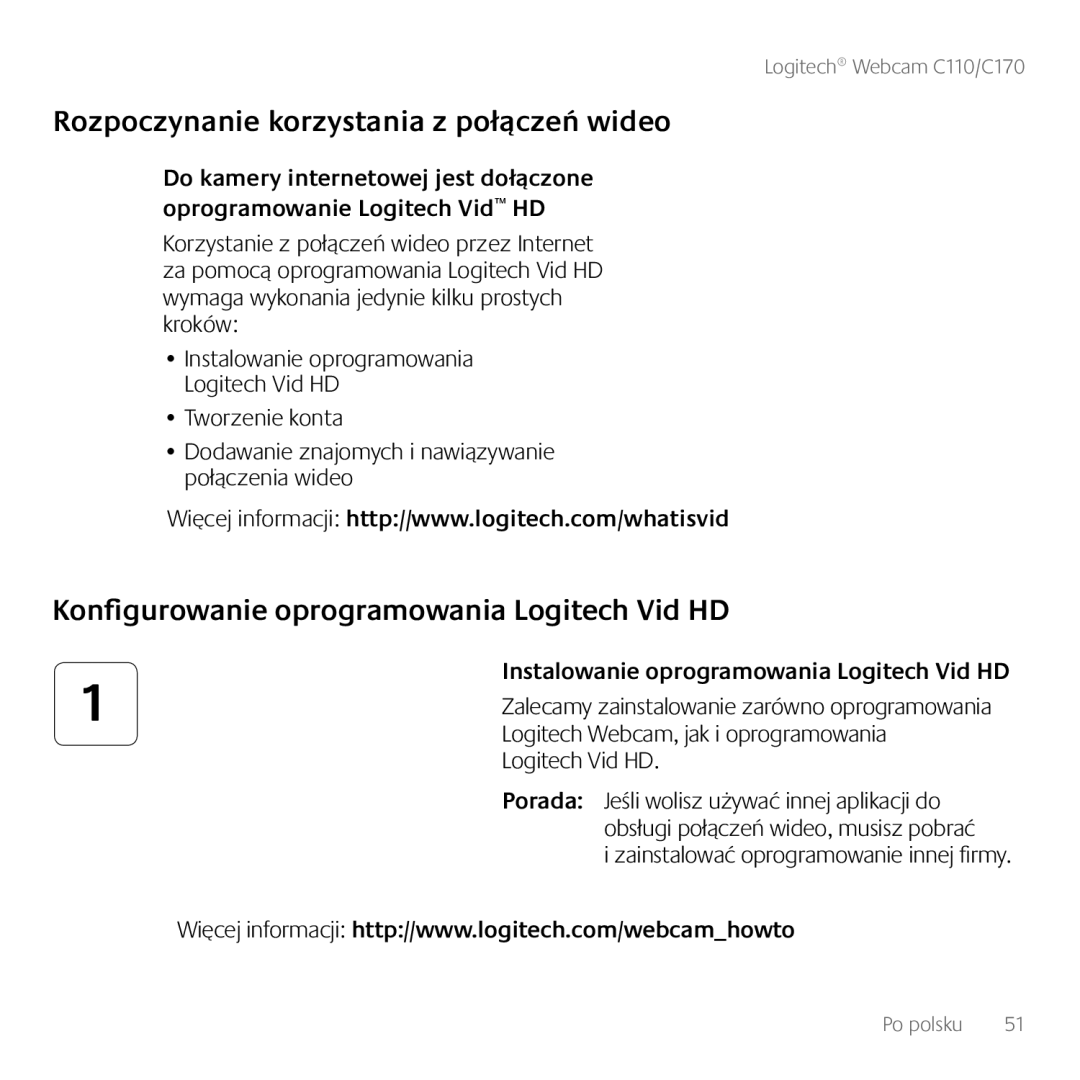 Logitech C170 manual Rozpoczynanie korzystania z połączeń wideo, Konfigurowanie oprogramowania Logitech Vid HD 