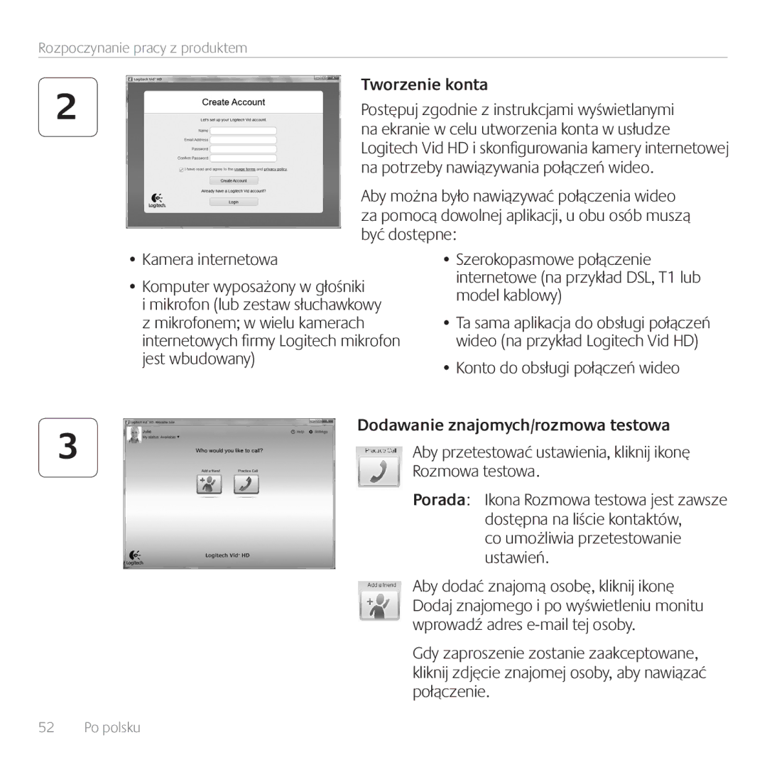 Logitech C170 manual Tworzenie konta, Konto do obsługi połączeń wideo, Dodawanie znajomych/rozmowa testowa 