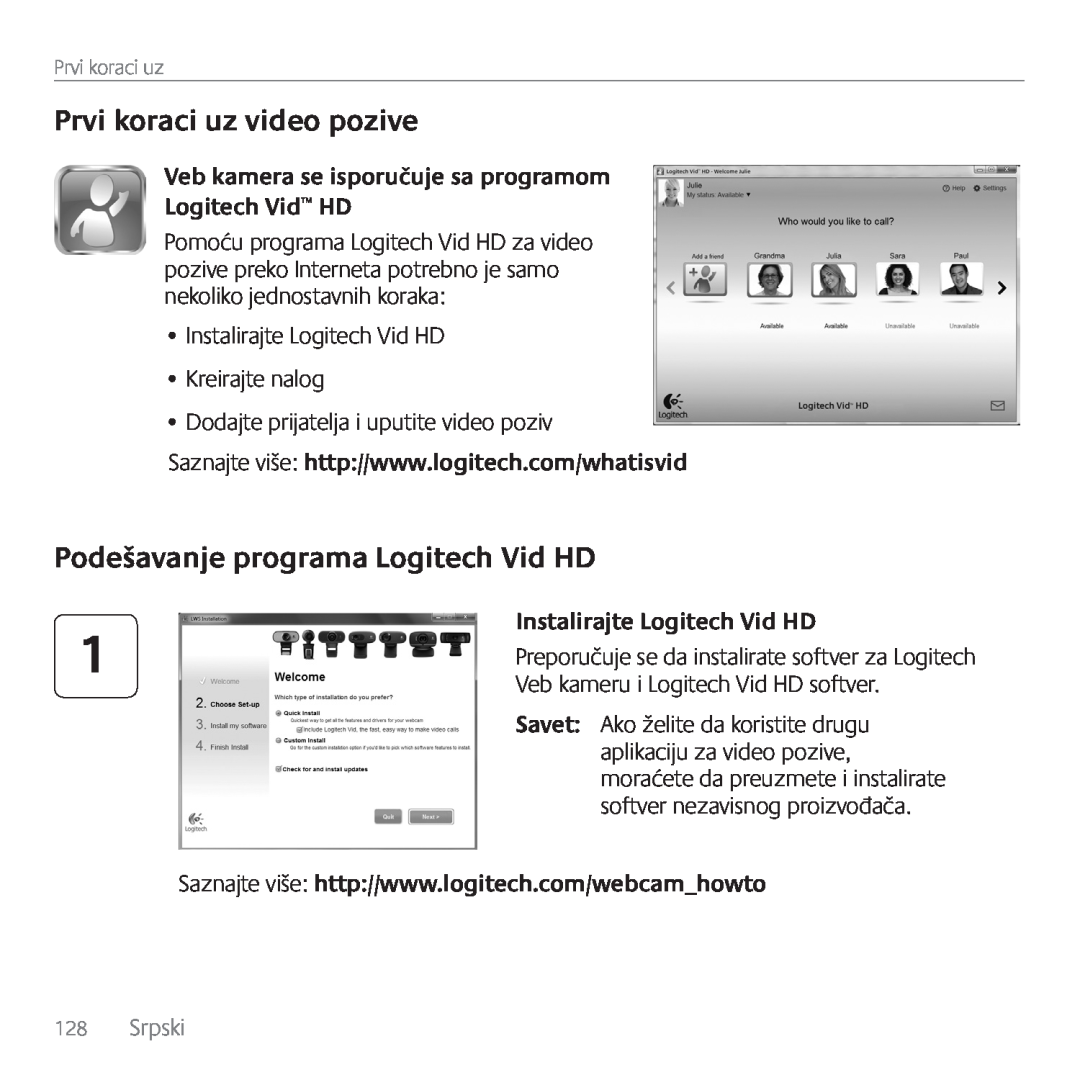 Logitech C170 manual Prvi koraci uz video pozive, Podešavanje programa Logitech Vid HD, Instalirajte Logitech Vid HD 