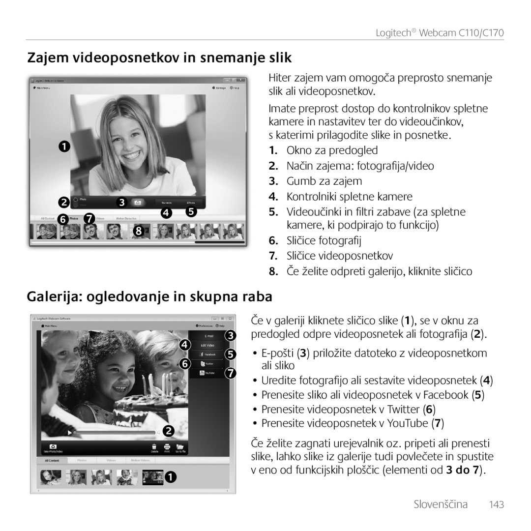 Logitech C170 manual Zajem videoposnetkov in snemanje slik, Galerija ogledovanje in skupna raba 