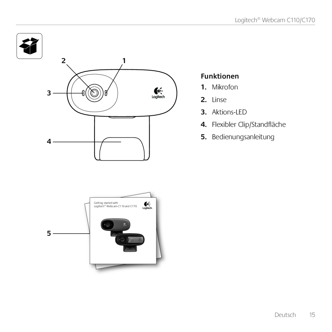 Logitech C170 Funktionen, Mikrofon 2. Linse 3. Aktions-LED 4. Flexibler Clip/Standfläche, Bedienungsanleitung, Deutsch 