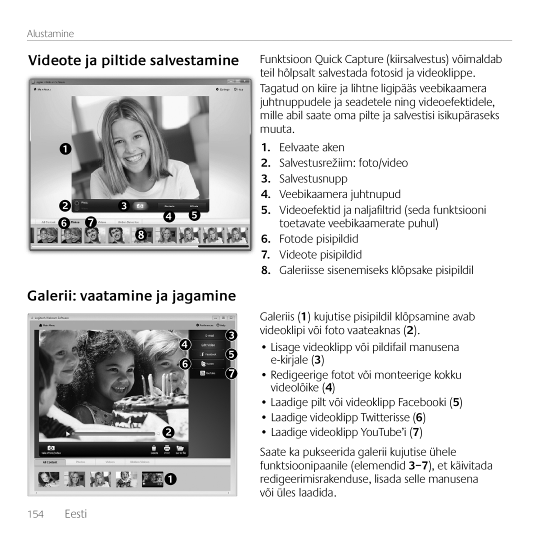 Logitech C170 manual Videote ja piltide salvestamine Galerii vaatamine ja jagamine 