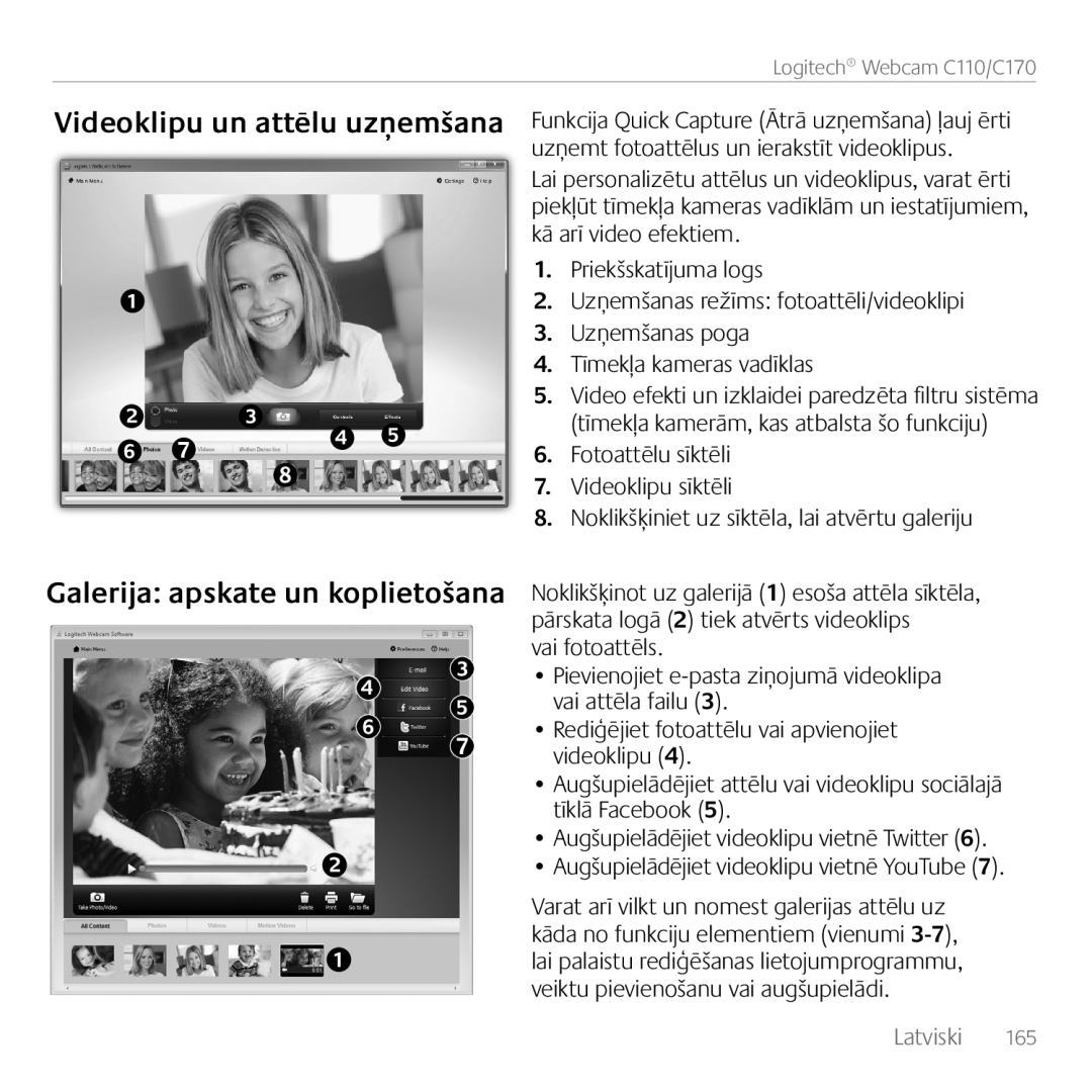Logitech C170 manual Videoklipu un attēlu uzņemšana Galerija apskate un koplietošana 