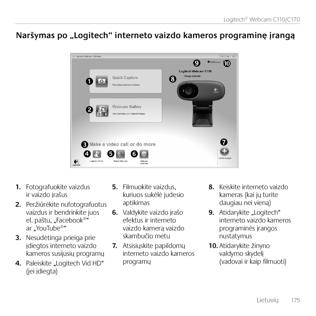 Logitech C170 manual Naršymas po „Logitech“ interneto vaizdo kameros programinę įrangą 