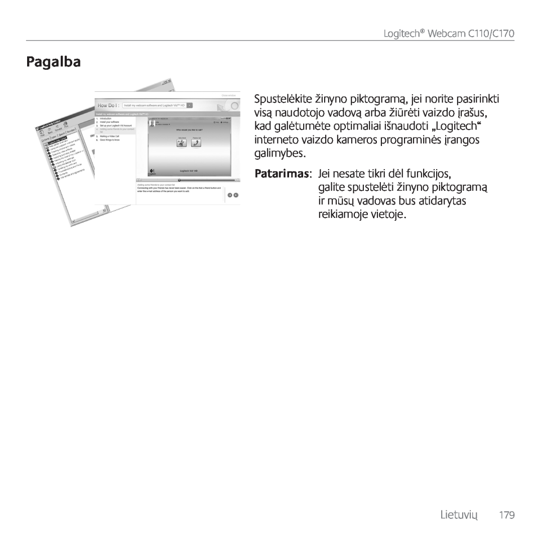 Logitech manual Pagalba, Logitech Webcam C110/C170, Lietuvių 