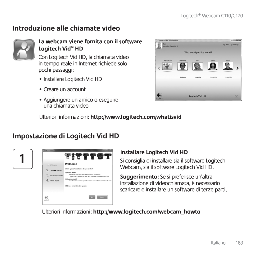 Logitech C170 Introduzione alle chiamate video, Impostazione di Logitech Vid HD, Installare Logitech Vid HD, Italiano 