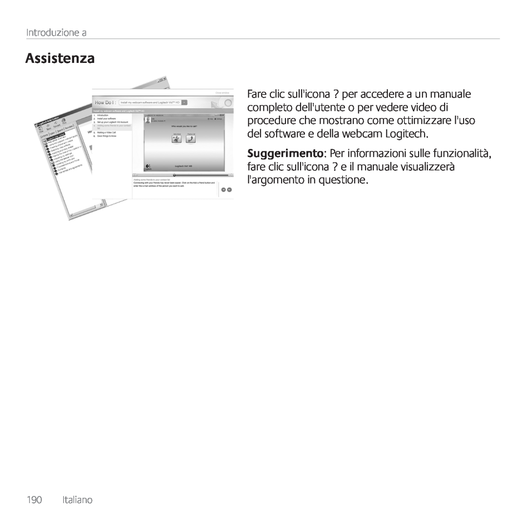 Logitech C170 manual Assistenza, Introduzione a, Italiano 