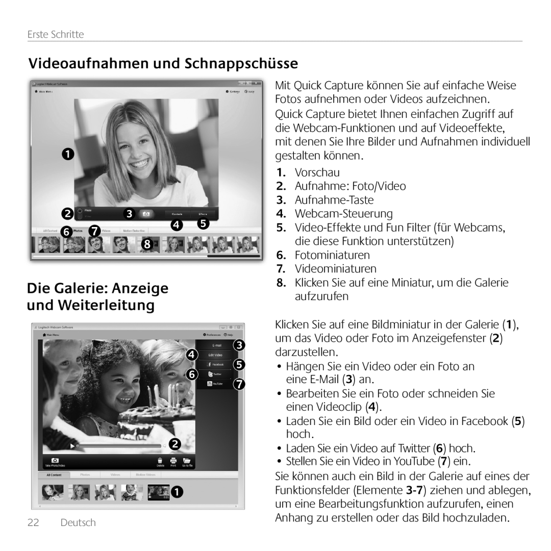 Logitech C170 manual Videoaufnahmen und Schnappschüsse, Die Galerie Anzeige und Weiterleitung 