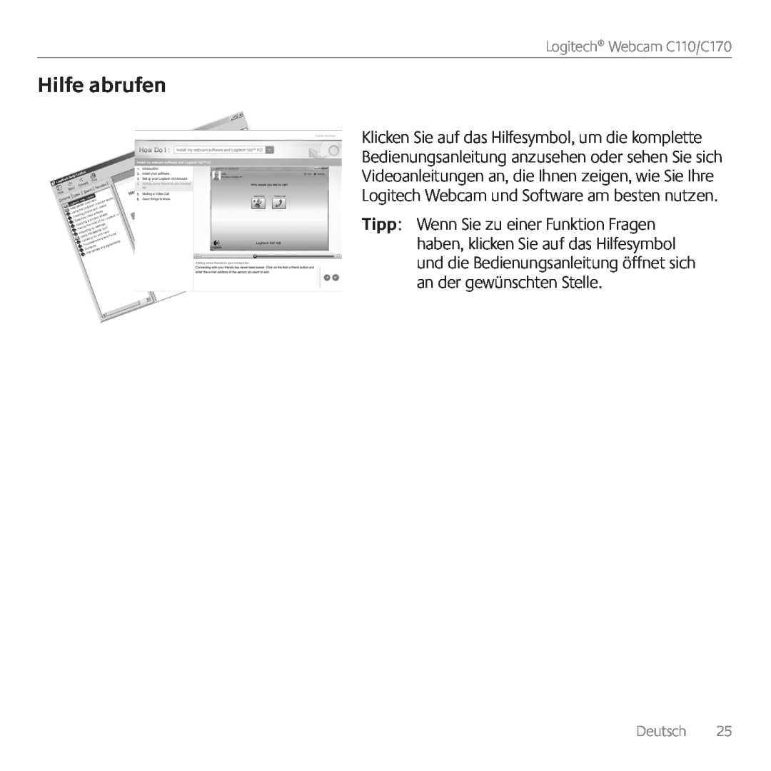 Logitech manual Hilfe abrufen, Logitech Webcam C110/C170, Deutsch 