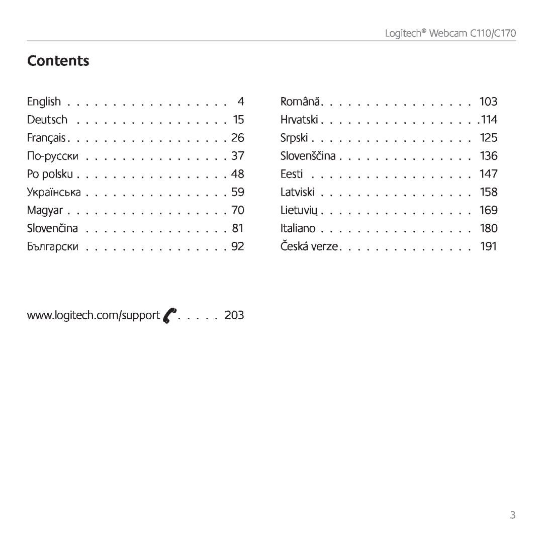 Logitech C170 manual Contents 