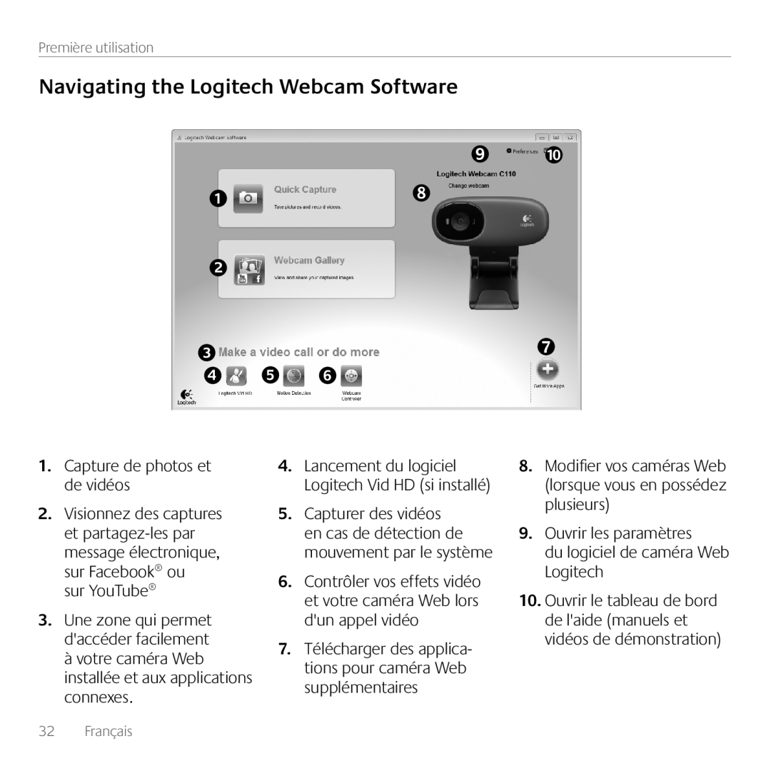 Logitech C170 manual Navigating the Logitech Webcam Software, Capture de photos et de vidéos 