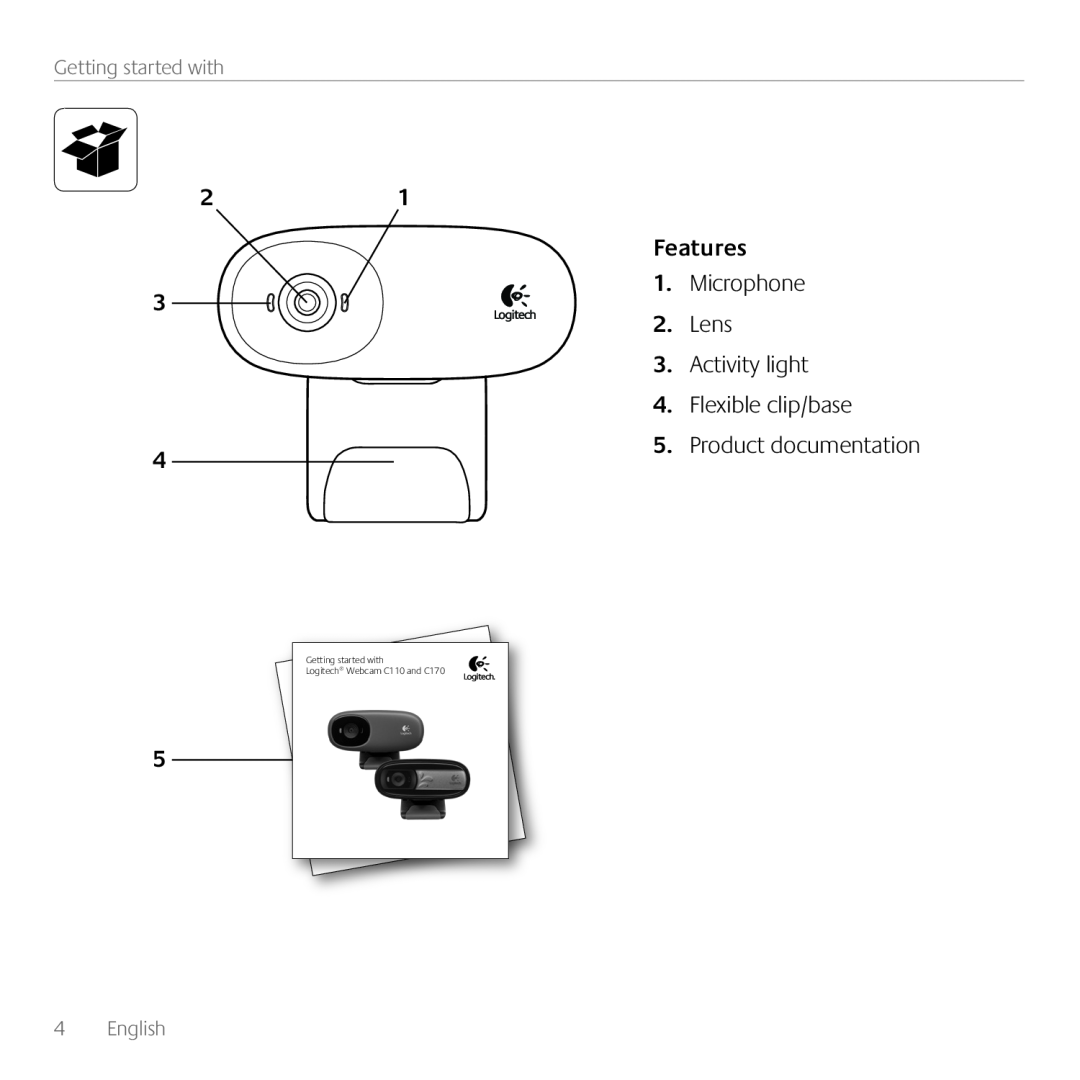 Logitech C170 manual Features, Microphone 2. Lens 3. Activity light 4. Flexible clip/base, Product documentation, English 